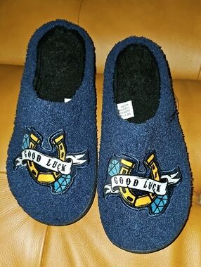 Navy 'Good Luck' Slip-On Slippers